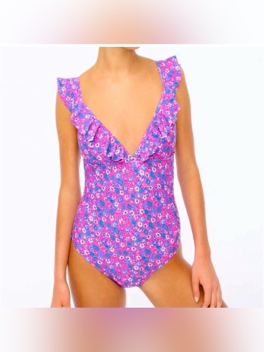 J Crew Floral Ruffle One-Piece Swimsuit - Pink & Blue. Size- L